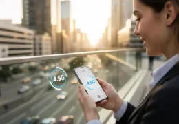 4.5G bağlantısı simgesiyle akıllı telefon kullanan kadın, şehir manzarası arka planda.