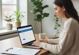 Bilgisayarında DUNS numarası başvuru formunu dolduran kadın girişimci