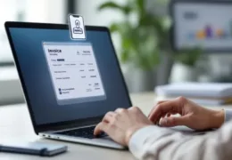 Bilgisayar üzerinden güvenli e-fatura hazırlayan kullanıcı, dijital fatura ekranı