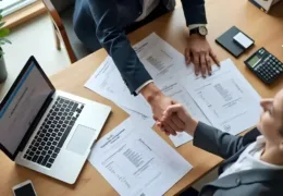 Limited şirket kuruluşu için sözleşme imzalayan iş insanları, masa üzerinde belgeler ve dizüstü bilgisayar ile çalışma ortamı.