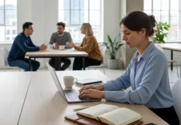 Modern ofis ortamında çalışan kadın dizüstü bilgisayarda çalışıyor, arka planda ekip toplantısı yapılıyor.