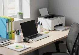 Düzenli bir çalışma masasında laptop, yazıcı, klasörler ve kırtasiye ürünleri bulunan modern ofis ortamı.