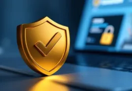 Bilgisayar üzerinde duran altın güvenlik kalkanı, çevrim içi güveni simgeliyor