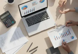 Bir masa üzerinde dizüstü bilgisayar, grafikler, belgeler ve hesap makinesiyle şirket kurma maliyet planlaması yapan kişiler.