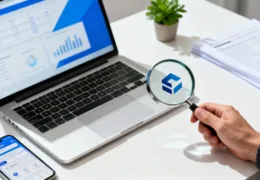 Bir kişinin büyüteçle şirket bilgi ekranı açık bir dizüstü bilgisayarı incelemesi – şirket sorgulama ve MERSİS/e-Devlet kontrolü konsepti.