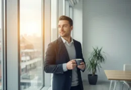 Yeni iş kurmak için plan yapan genç girişimci ofisinde kahve içerken pencereden dışarı bakıyor.