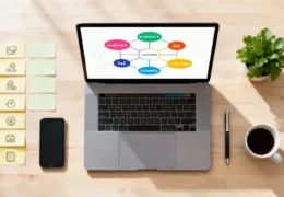 2025 yeni iş fikirleri için dijital girişimcilik planlaması yapan laptop ve iş masası düzeni