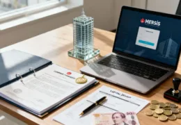 Anonim şirket kuruluşu için MERSİS ekranı, şirket belgeleri, sermaye evrakları ve mali işlemlerin yer aldığı masa düzeni.