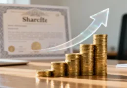 Artan emisyon primi ve şirket değeri kavramını temsil eden hisse senedi sertifikası ve üst üste dizilmiş altın para görseli