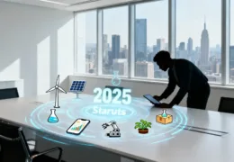 2025’te iş kurmak için en karlı sektörleri temsil eden görsel: güneş paneli, yapay zeka robotu, sürdürülebilir enerji ve teknoloji ikonları.