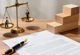 İşçi ve işveren dengesini temsil eden adalet terazisi, iş sözleşmesi ve kalem ile iş hukuku kavramlarını gösteren masa üstü düzeni.