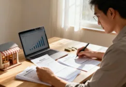 Bir girişimcinin masa başında finansal belgeler ve grafikler üzerinde çalıştığı, küçük işletme modelinin yer aldığı finans planlama görseli