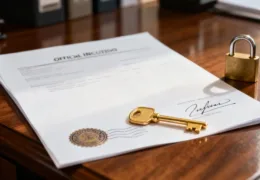 Kapalı fatura örneği, üzerinde anahtar bulunan resmi belge ve güvenliği simgeleyen asma kilit.