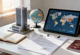 Uluslararası iş kurma konsepti, ofis maketi, dünya haritası ekranı, resmi belgeler ve pasaportlar