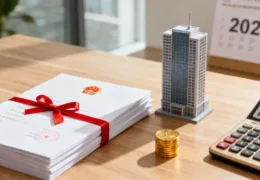 Masa üzerinde şirket belgeleri, mini bina maketi, altın madeni paralar ve hesap makinesi bulunan kurumsal maliyet temalı görsel.