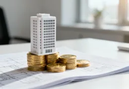 Şirket sermaye planlamasını temsil eden, madeni paralar üzerine yerleştirilmiş bina maketi