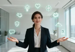 Modern bir ofis ortamında, çevresinde liderlik becerilerini simgeleyen ikonlarla kendinden emin bir şekilde duran kadın lider