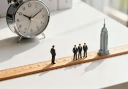 Şirket kurma süresini temsil eden cetvel üzerinde iş insanları ve arka planda saat bulunan konsept görsel