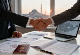 İstanbul manzarası eşliğinde iş anlaşması yapan iki iş insanı ve şirket kuruluş belgeleri