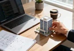 Bir iş masasındaki dizüstü bilgisayar, akış şeması çizimleri ve bir ofis binası maketiyle yazılım şirketi kurma sürecini temsil eden çalışma ortamı