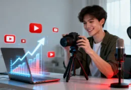 YouTube izlenme ve abone artırma stratejileri için içerik üreten kişi kamera ve laptopla video hazırlıyor.