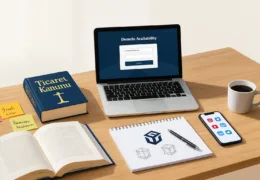 "Şirket unvanı seçimi sürecini temsil eden, Ticaret Kanunu kitabı, notlar, dizüstü bilgisayar ve marka taslaklarının yer aldığı profesyonel çalışma masası görseli."