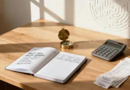 Defter, hesap makinesi ve fişlerle hazırlanmış basit gelir vergisi hesaplama çalışma alanı