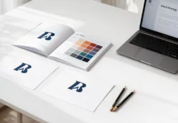 Brand identity guideline book, logo tasarımları, renk paleti örnekleri ve bir dizüstü bilgisayarın yer aldığı kurumsal kimlik çalışma masası düzeni.
