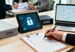 KVKK uyumluluğu sürecini temsil eden kilit simgesi ve kontrol listesi bulunan ofis ortamı