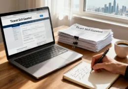 Ticaret Sicil Gazetesi sitesi açık olan bir dizüstü bilgisayar, yanında gazeteler ve not defterine not alan bir kişi.