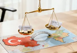 Türkiye haritası üzerinde vergi belgeleri ve madeni paralarla dengelenmiş terazi görseli