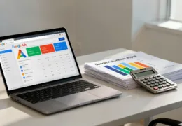 Google Ads reklam stopajı 2026 hesaplama sürecini gösteren dizüstü bilgisayar, vergi belgeleri ve hesap makinesi