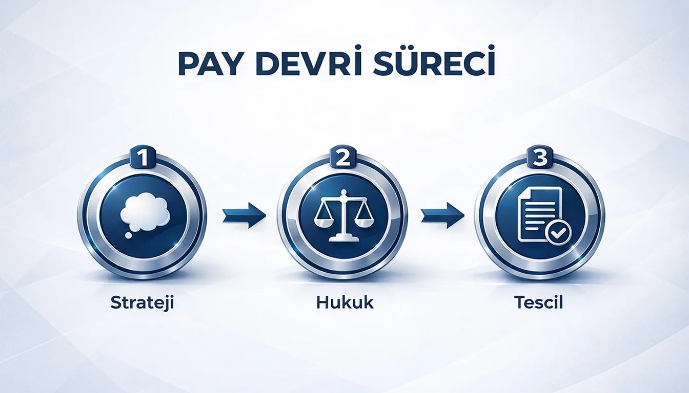 Limited ve anonim şirket pay devrinde planlama, sözleşme ve kayıt aşamalarını gösteren Workon şeması