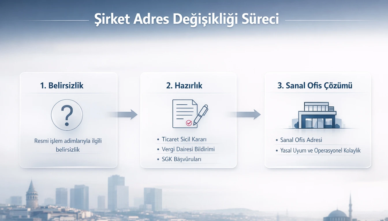 Şirket adres değişikliği sürecinde resmi kurumlara adım adım bildirim aşamalarını gösteren infografik