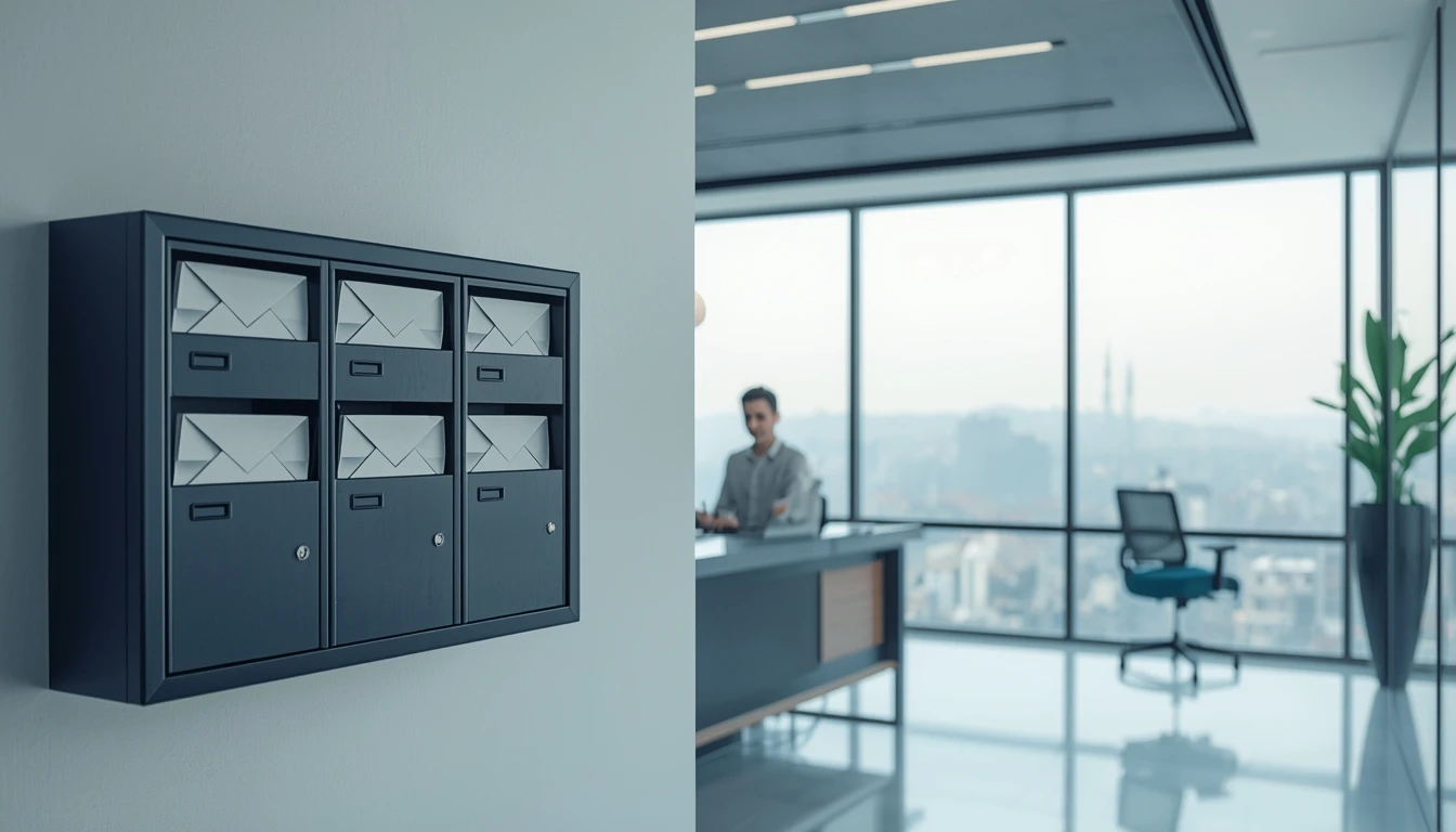 Sanal ofis adresi kullanan bir şirketin posta kutuları ve modern ofis ortamı