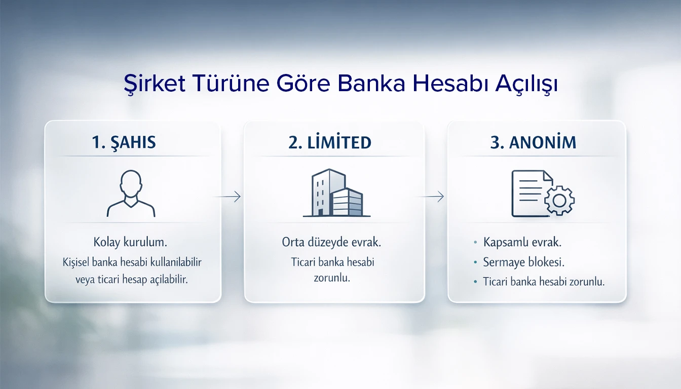 Şahıs, limited ve anonim şirketler için ticari banka hesabı açma süreci karşılaştırması
