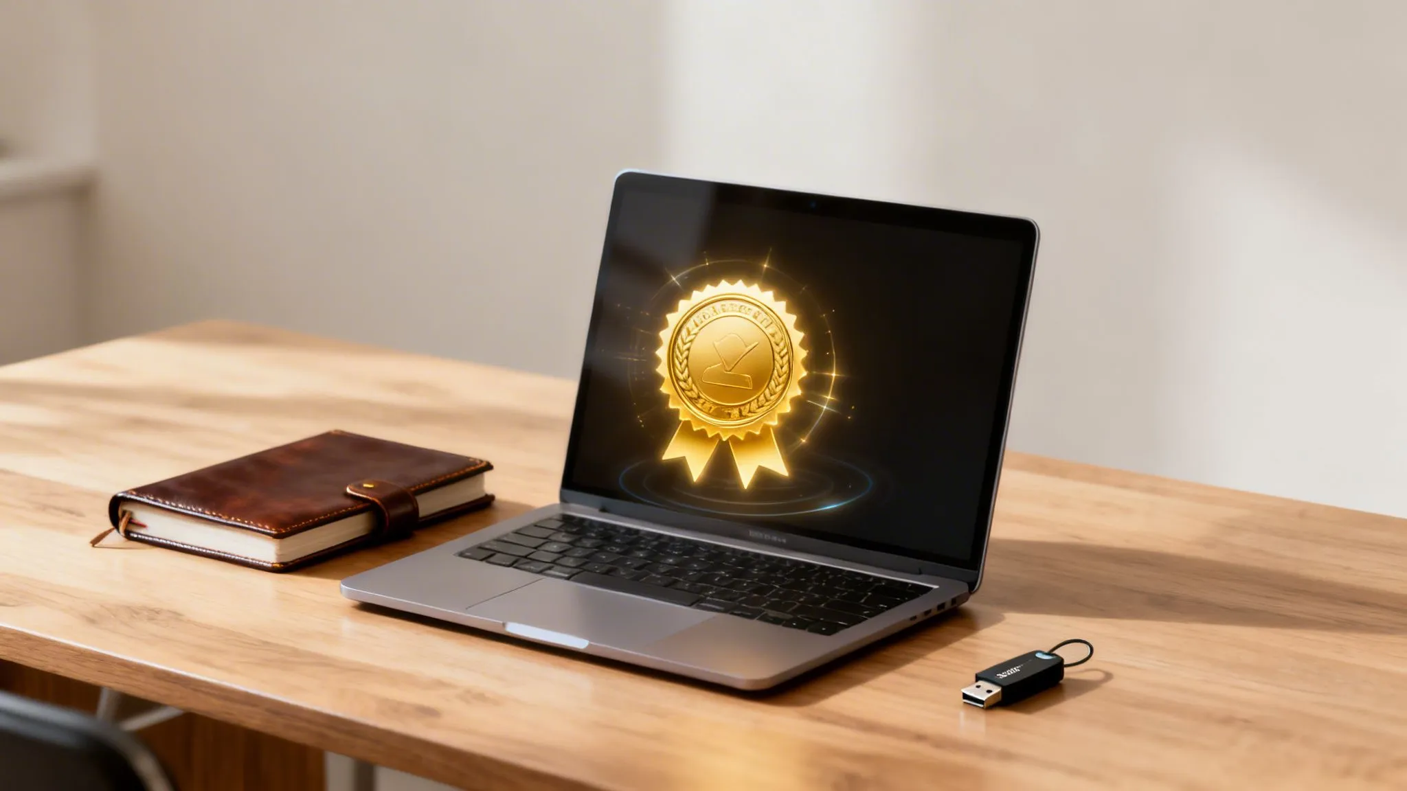 Laptop ekranında dijital mühür ile e-defter beratı onay sürecini ve muhasebe kayıtlarının bütünlüğünü simgeleyen görsel