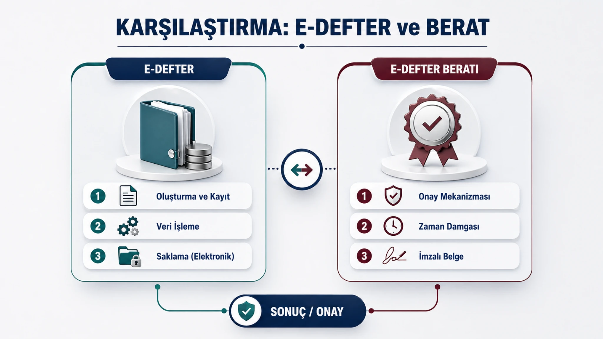 2025 sonrası e-defter ve berat oluşturma, GİB yükleme ve saklama sürecini gösteren karşılaştırma görseli