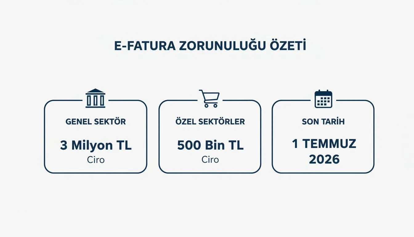 2026 e-fatura zorunluluğunda genel 3 milyon TL ve belirli faaliyetlerde 500 bin TL ölçütünü özetleyen infografik