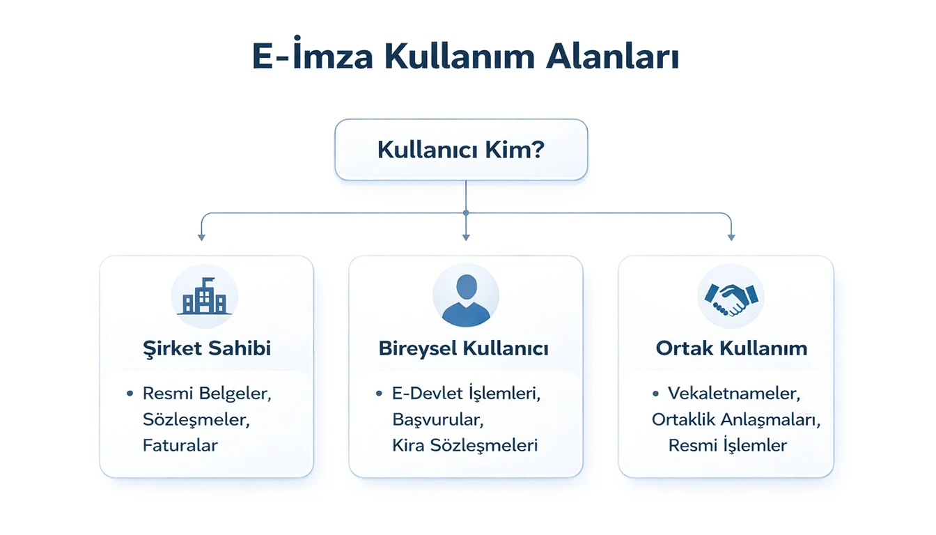 E-imza kullanım alanlarını gösteren şema: şirket sahibi, bireysel kullanıcı ve ortak kullanım