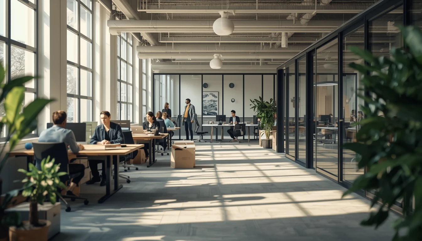 Sanal ofis kullanan girişimcilerin modern coworking ofis ortamında çalıştığını gösteren çalışma alanı