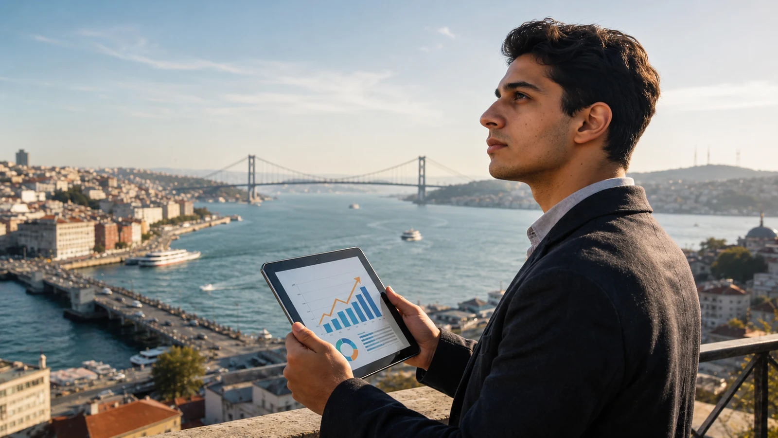 Anadolu Yakası’nda iş kurma ve sanal ofis seçimini temsil eden, İstanbul manzarası önünde tabletle iş verilerini inceleyen girişimci.