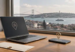 Anadolu Yakası sanal ofis hizmetini temsil eden, dizüstü bilgisayar, konum işareti, evrak ve İstanbul manzaralı modern çalışma alanı görseli.