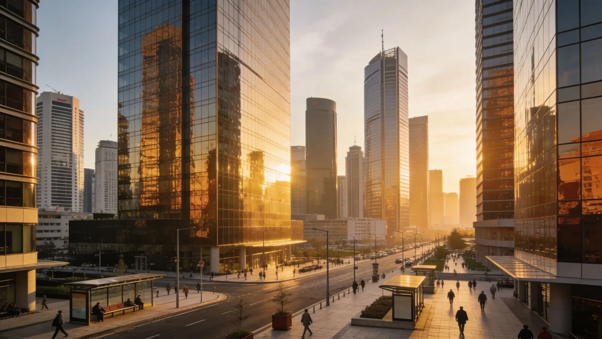 Ataşehir’de modern plazalar, geniş iş caddesi ve gün batımı ışığıyla öne çıkan kurumsal ofis bölgesi görünümü