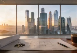 Ataşehir’de kiralık ofis arayan işletmeler için modern plaza manzaralı ofis masasında mimari plan, anahtar ve çalışma ekipmanları