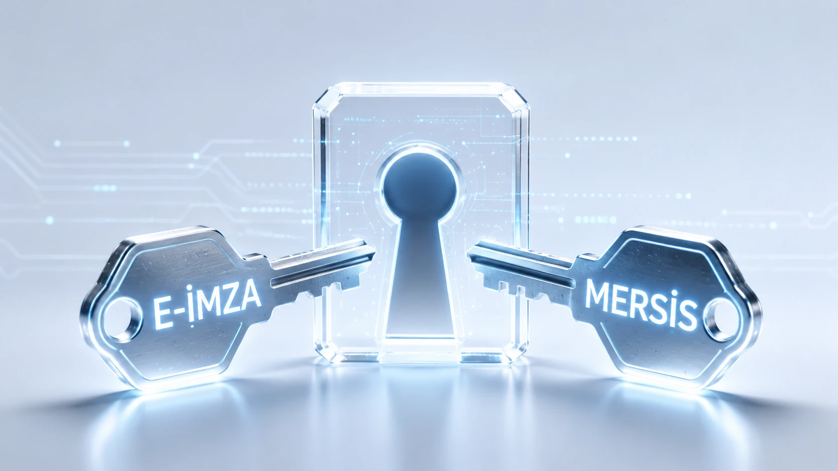 E-imza ve MERSİS anahtarlarıyla online şirket kurma sürecini temsil eden dijital güvenlik görseli