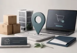 E-ticaret için sanal ofis kullanımını temsil eden laptop, konum işareti, ofis binası ve kargo kutuları