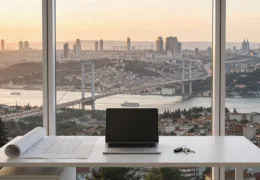 İstanbul Boğazı manzaralı modern ofiste kiralık ofis İstanbul rehberi için masa, laptop, plan çizimi ve anahtarlar