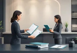 Limited şirket sanal ofis kurulumu için resepsiyonda evrak teslimi yapılan modern iş merkezi