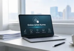 Online şirket kurma adımlarını e-imza, MERSİS, yasal adres, ticaret sicili ve vergi kaydı ile gösteren dizüstü bilgisayar ekranı